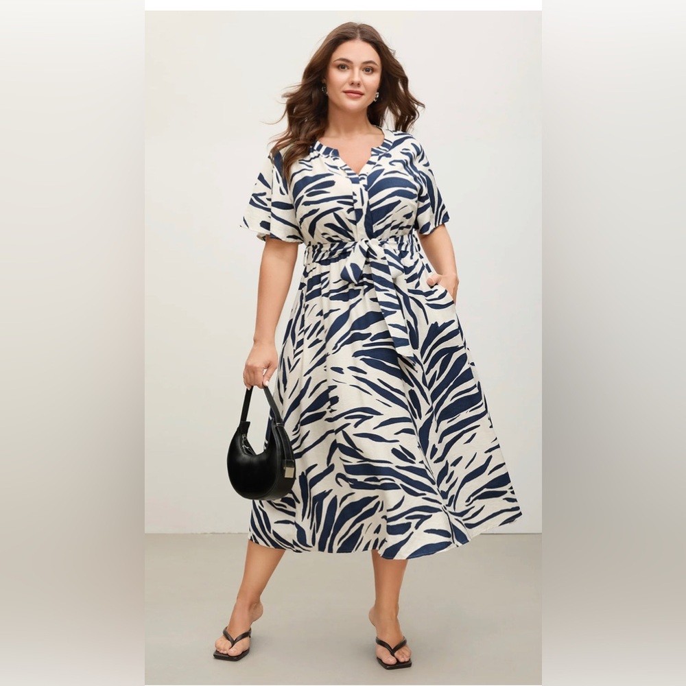 NWT Ivory Geometric Midi Dress with Sleeves 18/20 2X 🌹🌸🌺  BC BAG 02